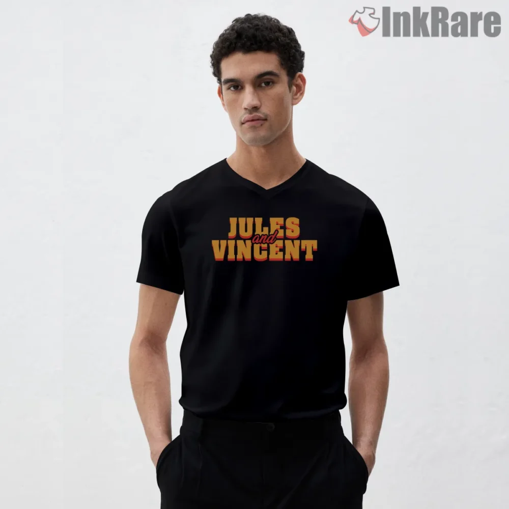 Jules And Vincent Bold Text Logo Shirt on black v-neck shirt for men graphic tee