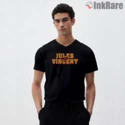 Jules And Vincent Bold Text Logo Shirt on black v-neck shirt for men graphic tee