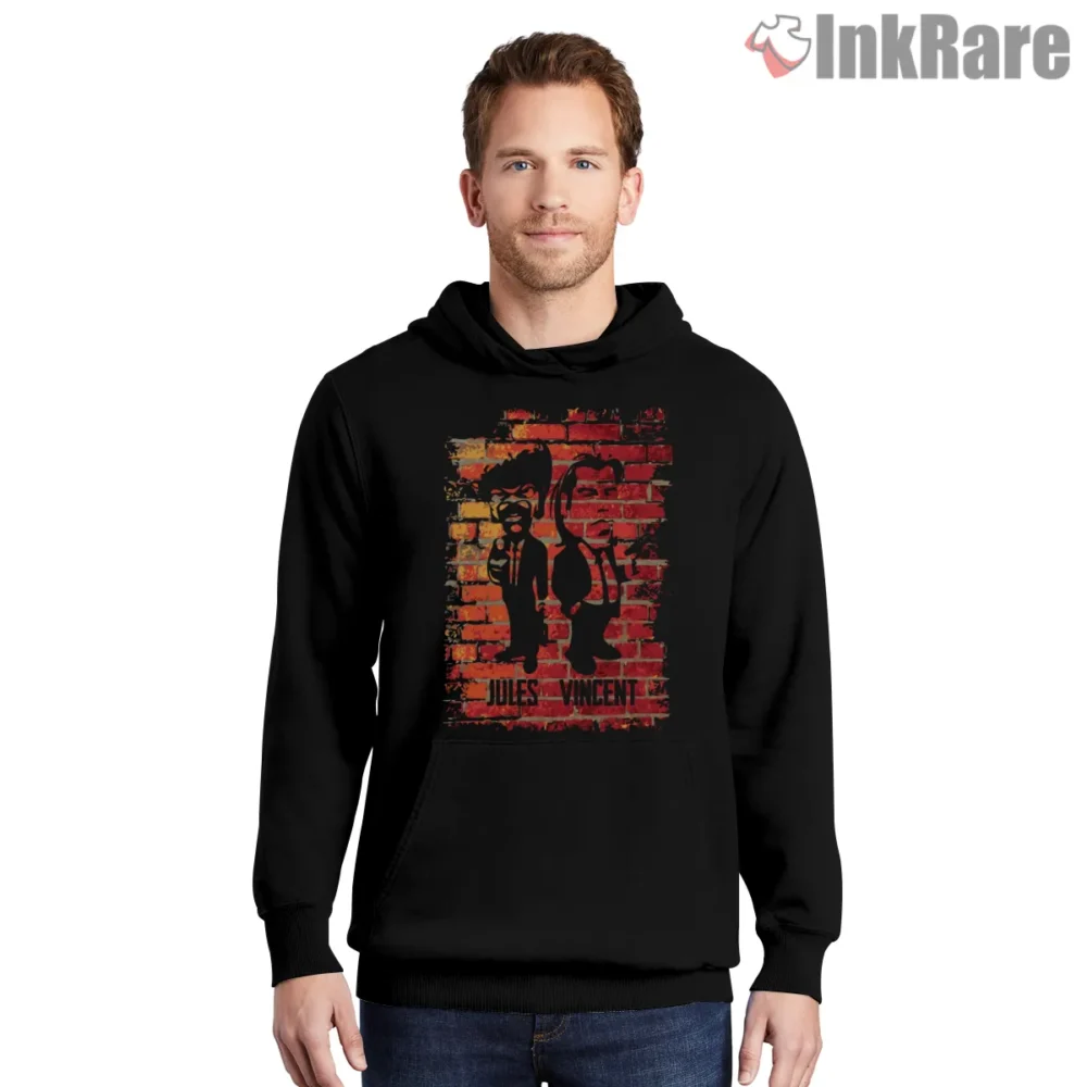Jules And Vincent Brick Wall Graffiti Shirt on black hoodie for men graphic tee