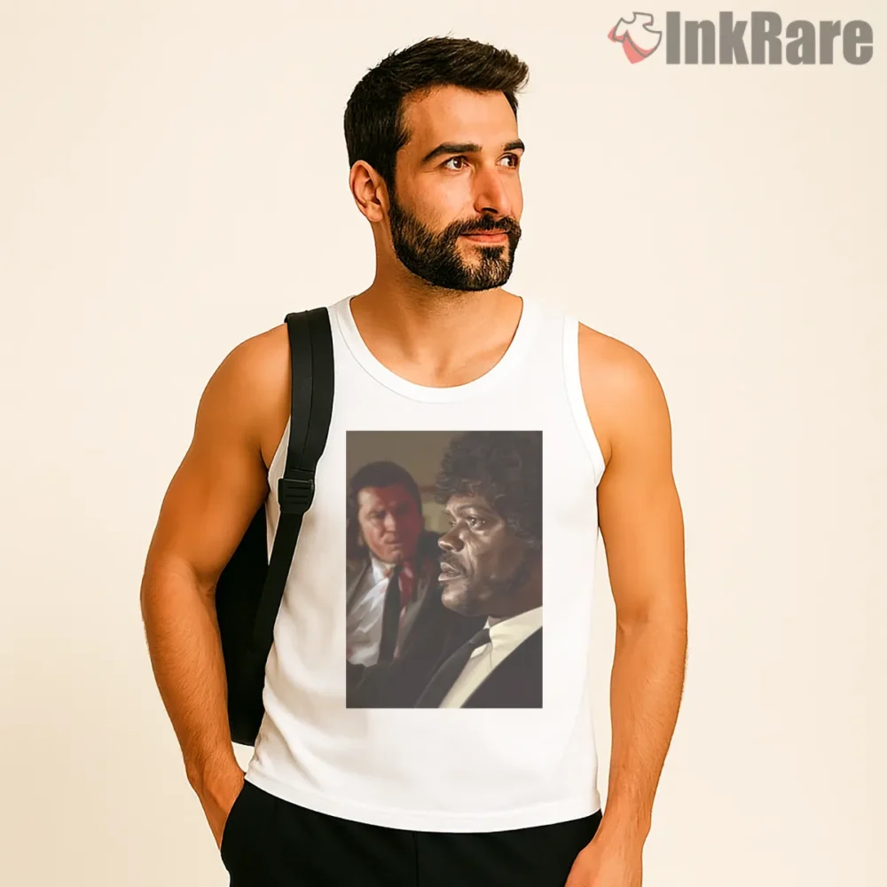 Jules And Vincent Cinematic Scene Shirt on white tank top for men graphic tee