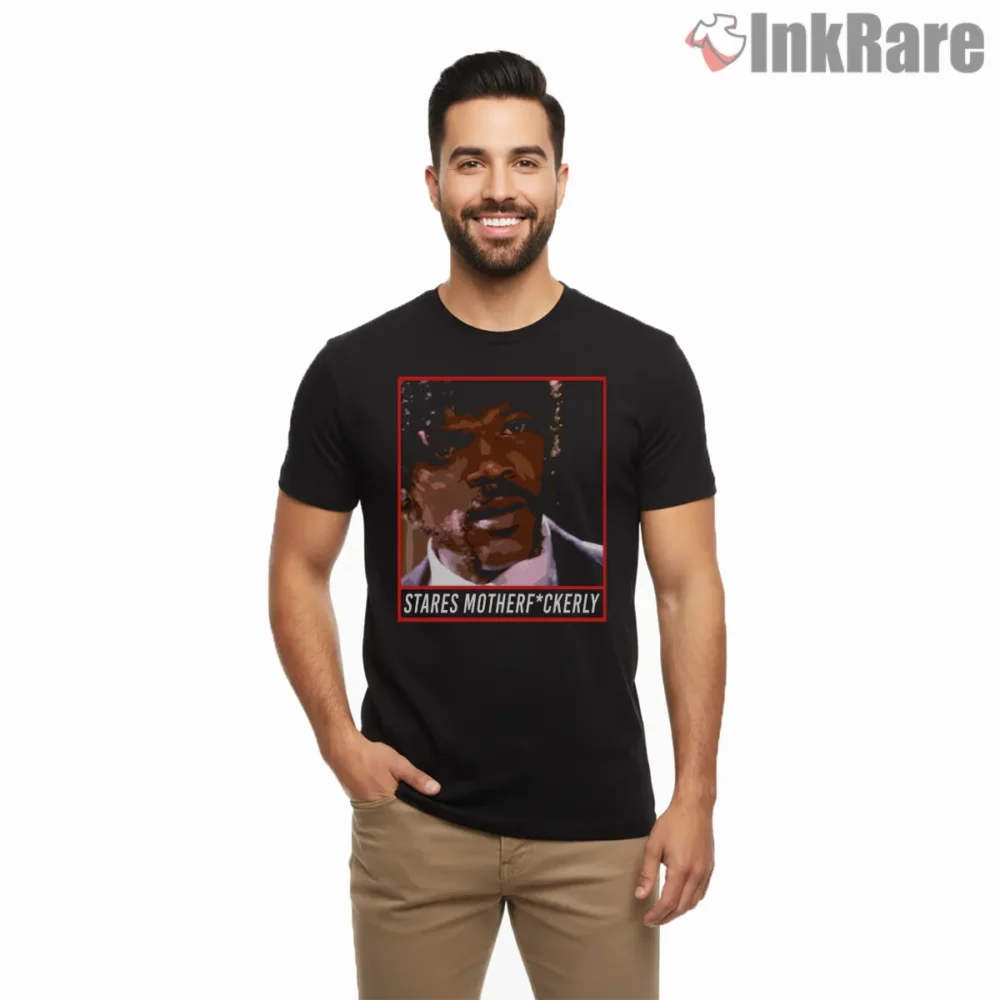 Jules Stares Motherfckerly Meme Shirt on black short sleeve shirt for men graphic tee