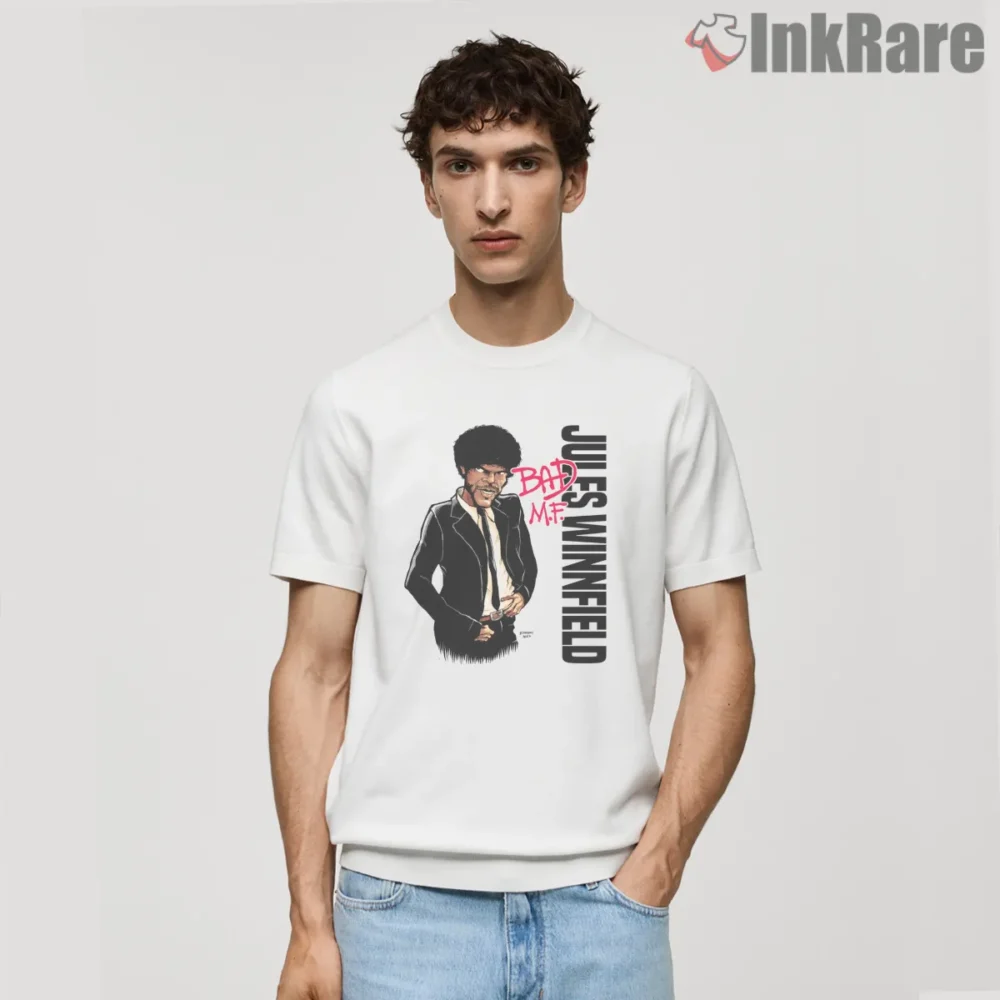Jules Winnfield Bad Mother Shirt on white short sleeve shirt for men graphic tee
