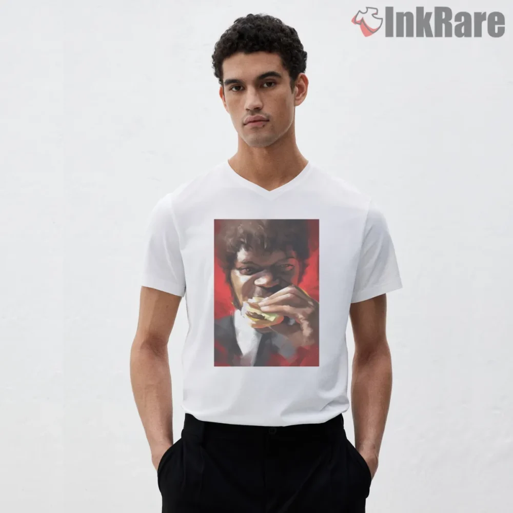 Jules Winnfield Burger Close Up Shirt on white v-neck shirt for men graphic tee