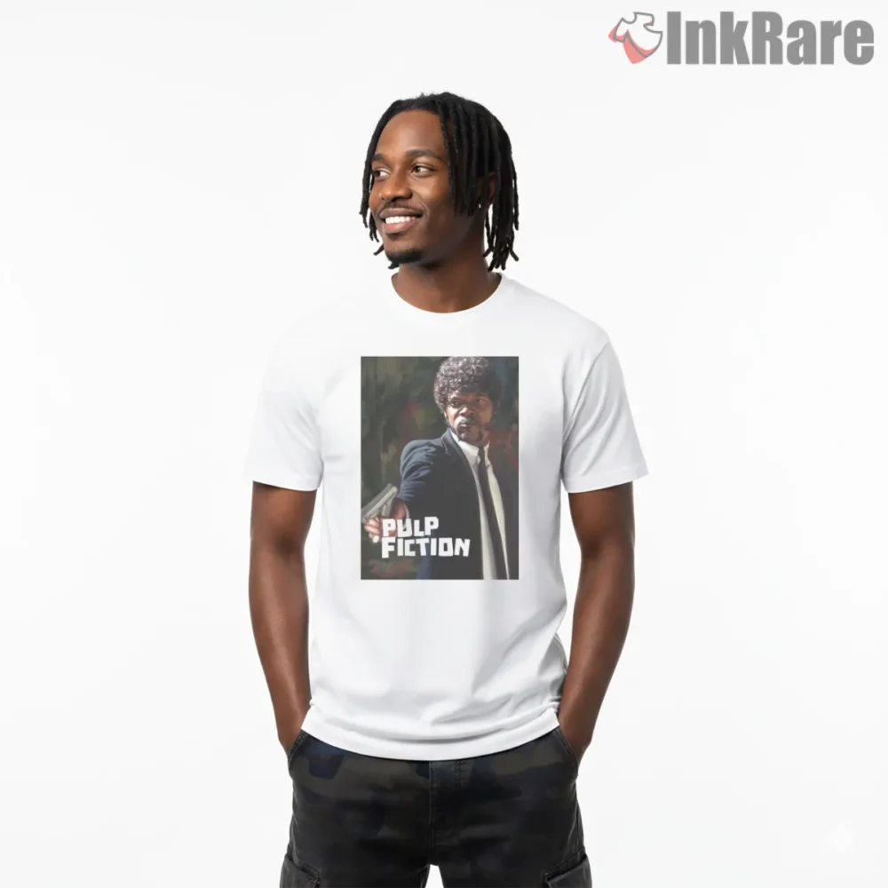 Jules Winnfield Painterly Pulp Portrait Shirt on white short sleeve shirt for men graphic tee