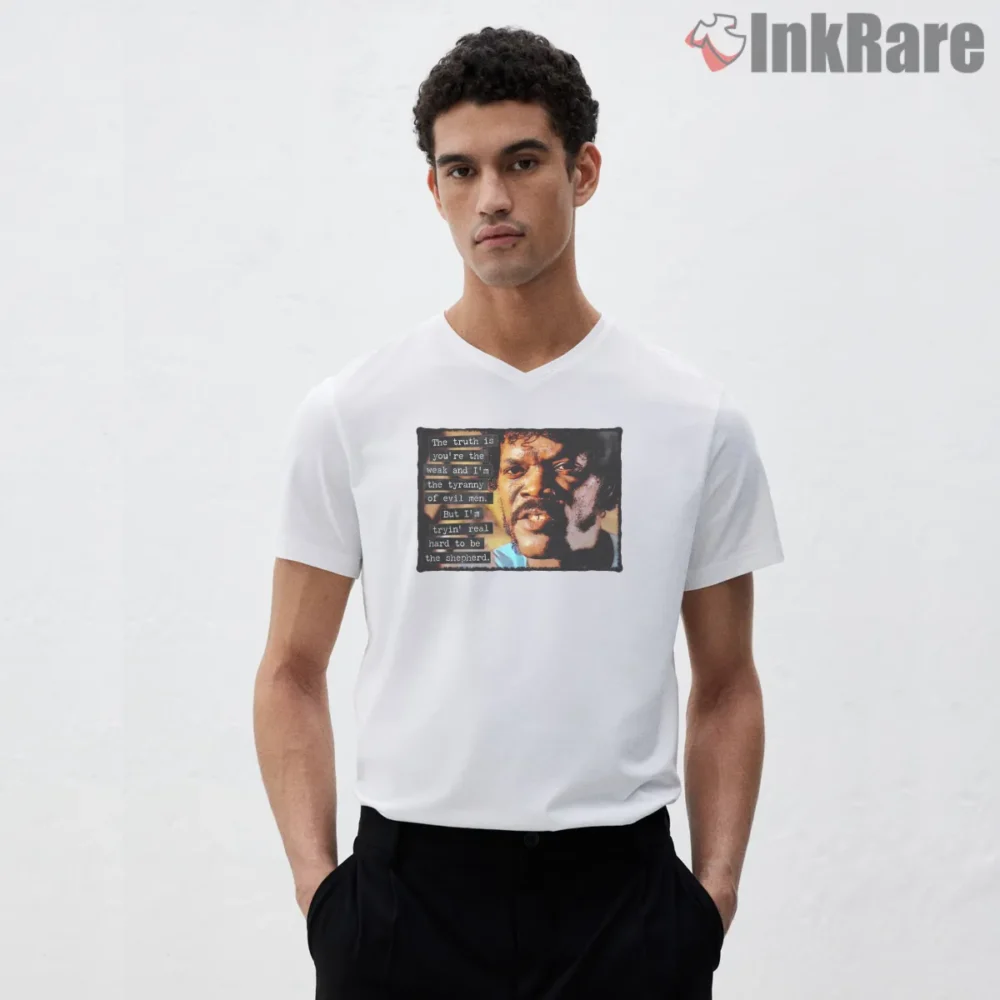 Jules Winnfield Tyranny Of Evil Men Quote Shirt on white v-neck shirt for men graphic tee