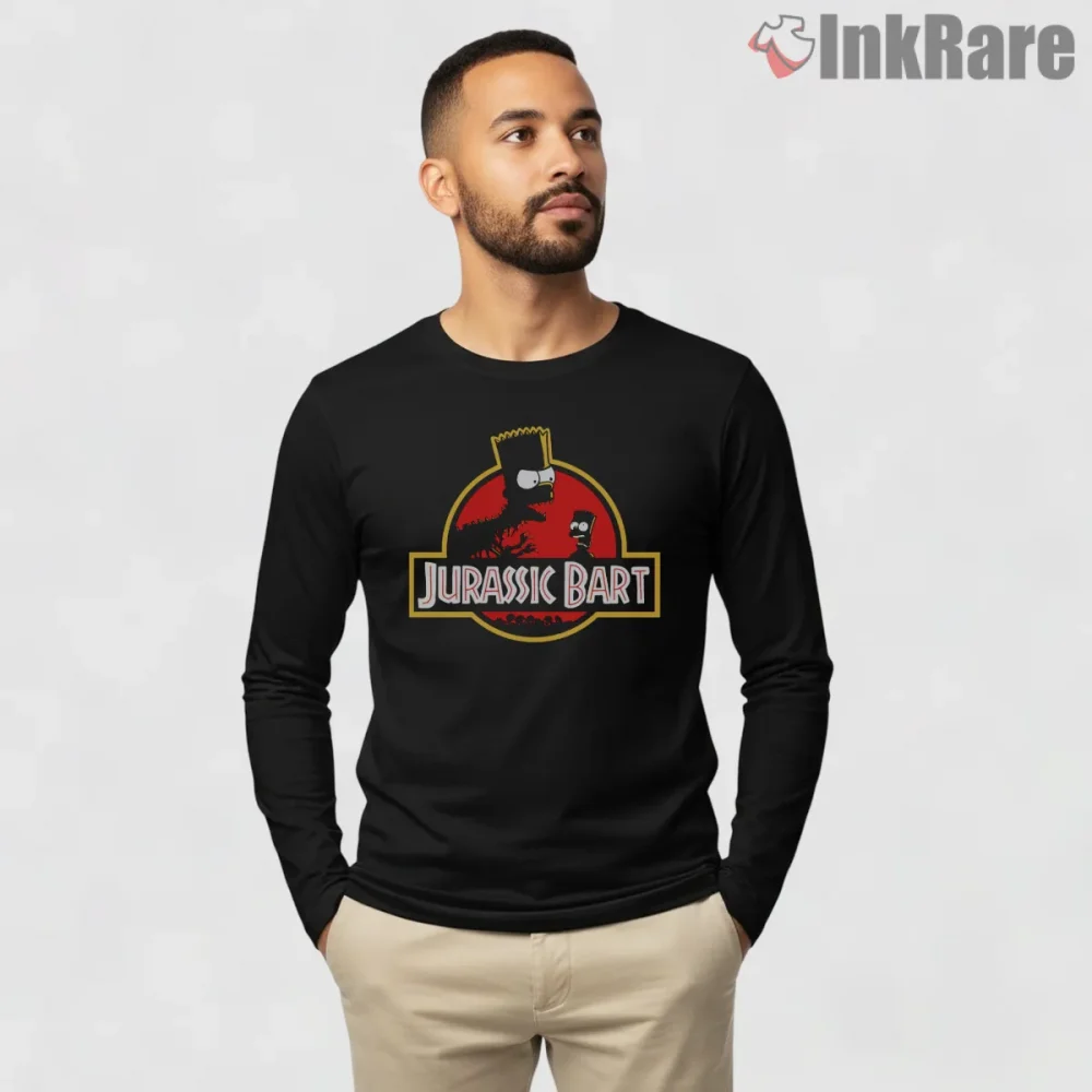 Jurassic Bart Dinosaur Park Parody Cartoon Shirt on black long sleeve shirt for men graphic tee