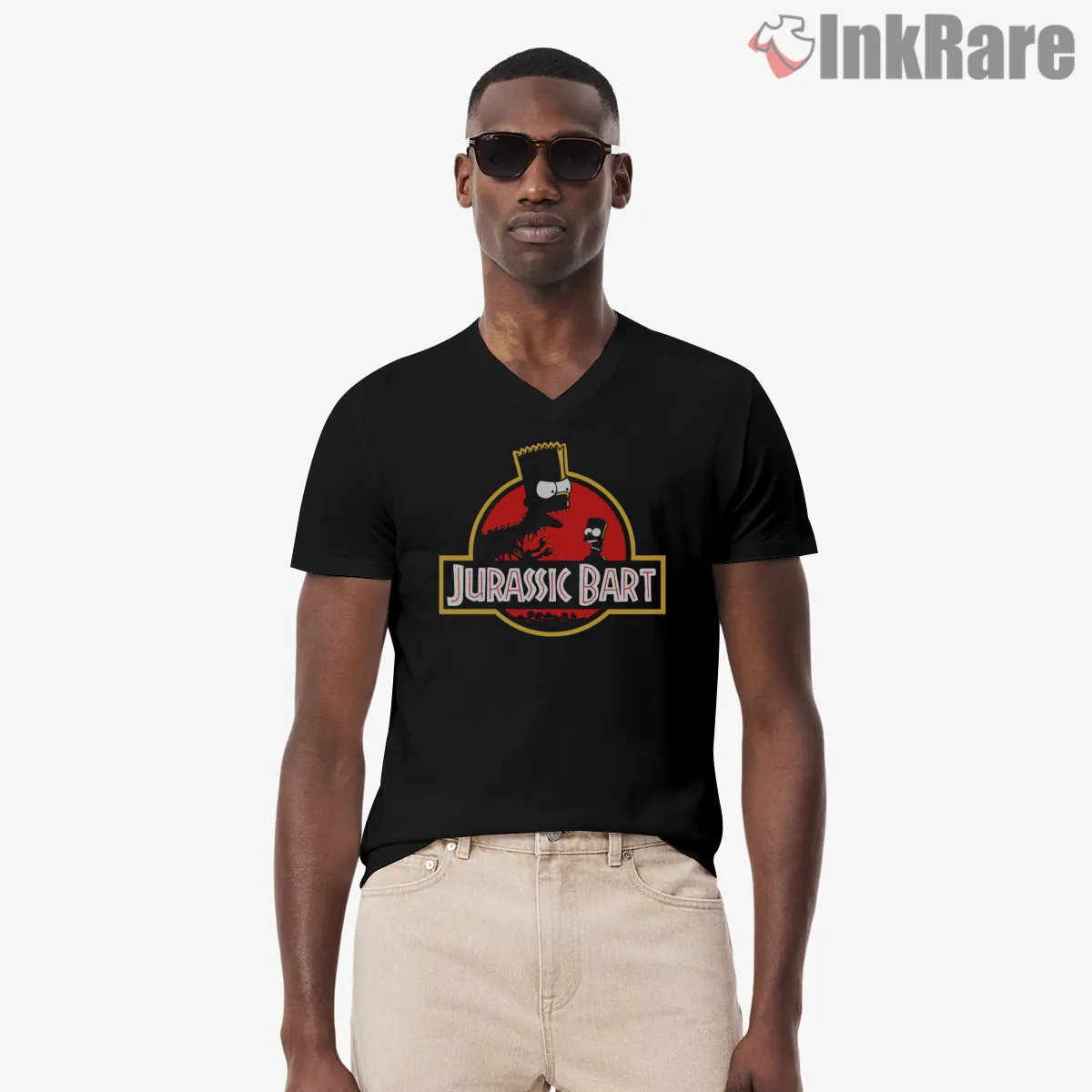 Jurassic Bart Dinosaur Park Parody Cartoon V Neck Black Jurassic Bart Dinosaur Park Parody Cartoon Shirt on black v-neck shirt for men graphic tee