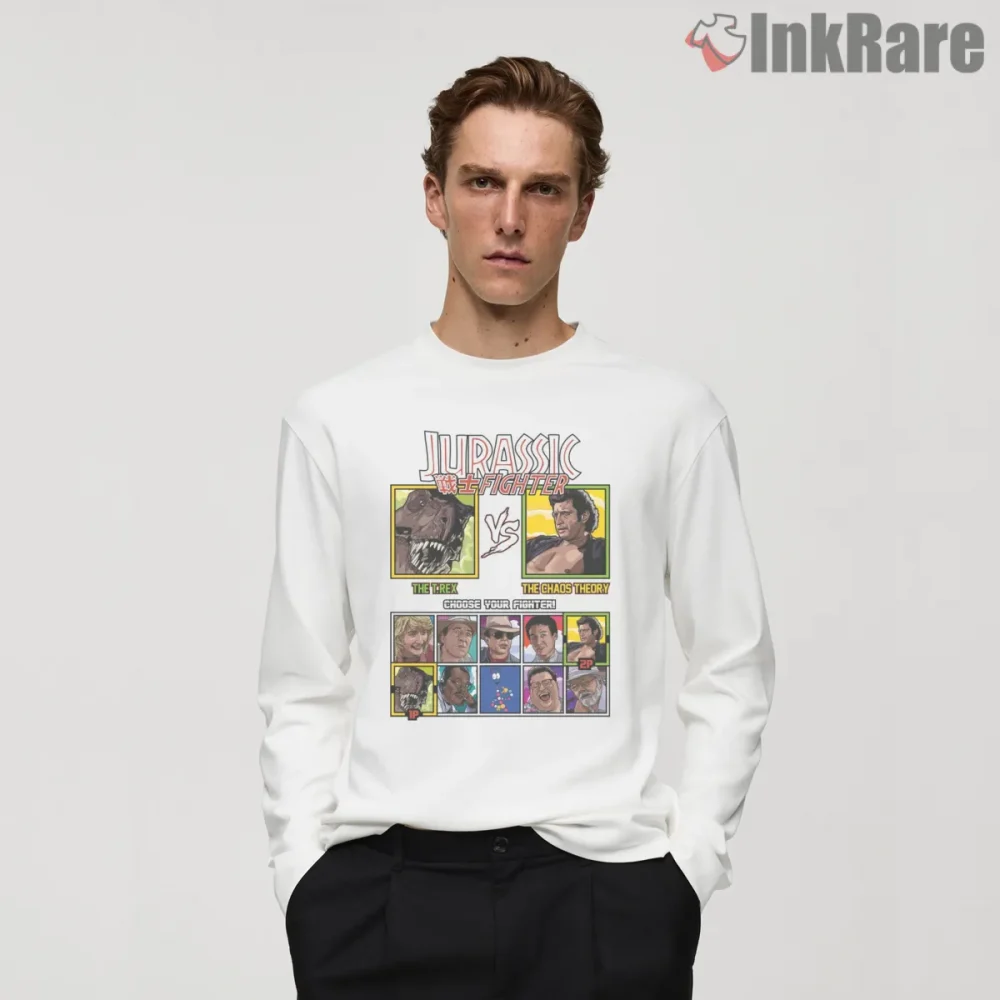 Jurassic Park Arcade Fighter T Rex Vs Ian Malcolm Shirt on white long sleeve shirt for men graphic tee