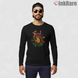Jurassic Park Cartoon Dinosaur Campfire Adventure Shirt on black long sleeve shirt for men graphic tee