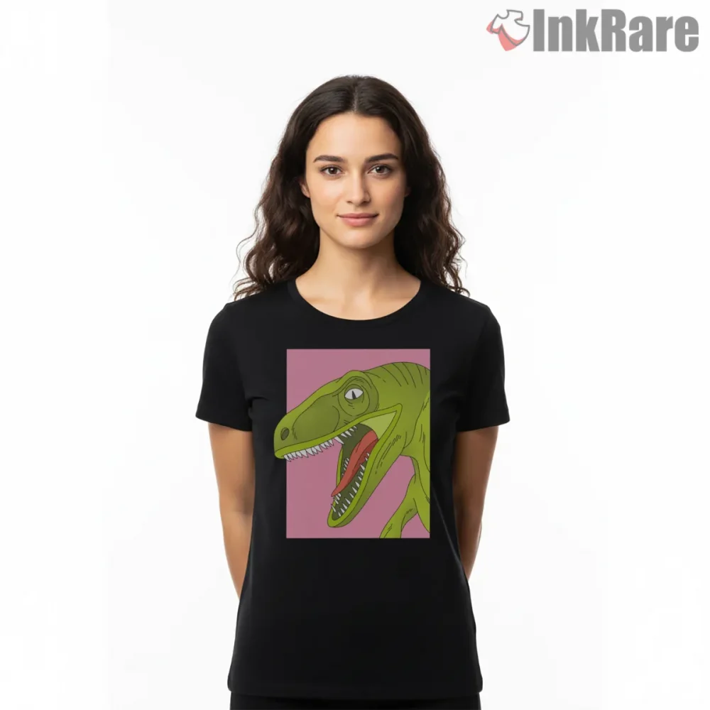 Jurassic Park Cartoon Velociraptor Pop Color Portrait Shirt on black short sleeve shirt for women graphic tee