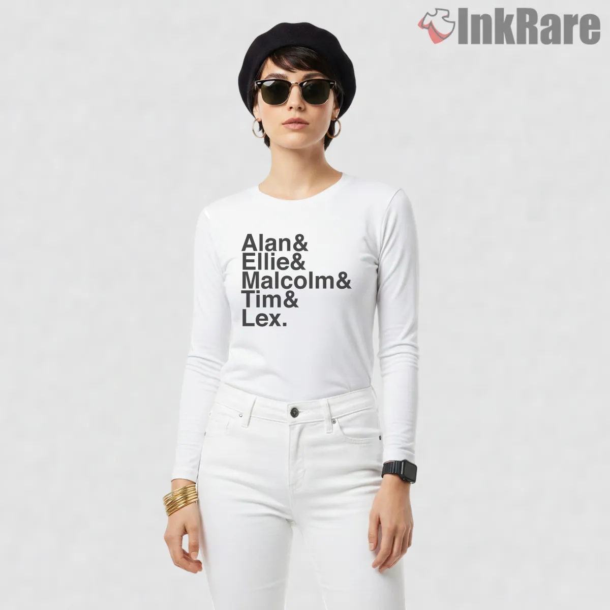 Jurassic Park Character Names Minimal Helvetica Text Long Sleeve White Jurassic Park Character Names Minimal Helvetica Text Shirt on white long sleeve shirt for women graphic tee
