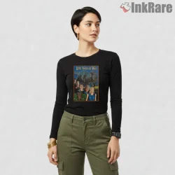 Jurassic Park Classic Movie Collage Poster Art Shirt on black long sleeve shirt for women graphic tee