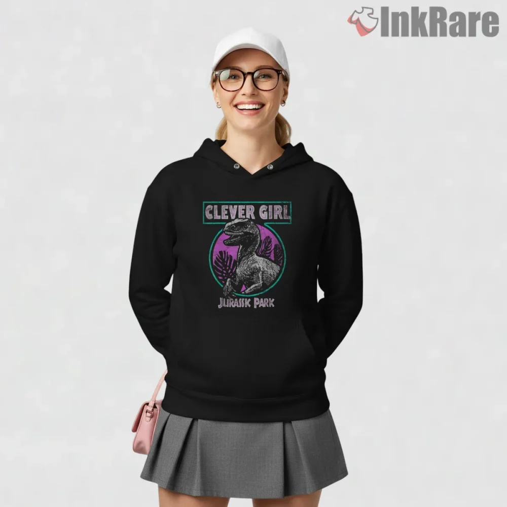 Jurassic Park Clever Girl Neon Vintage Raptor Badge Shirt on black hoodie for women graphic tee
