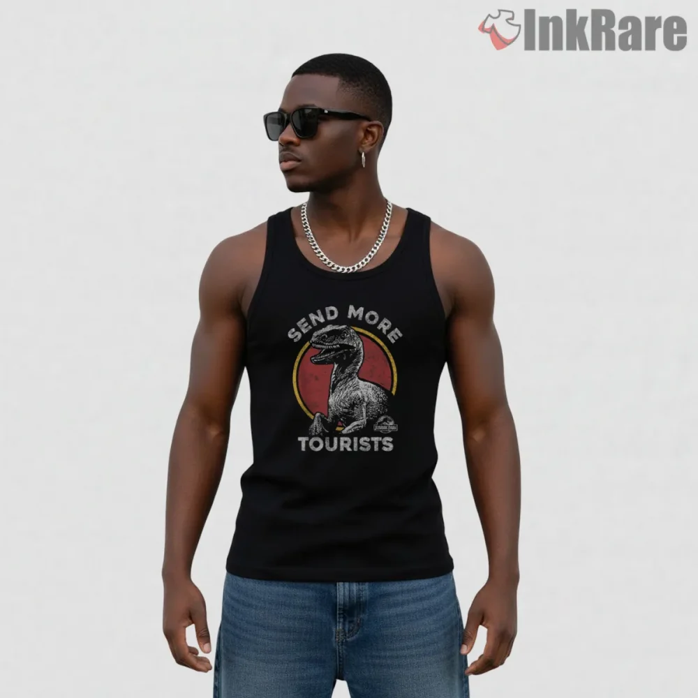 Jurassic Park Clever Girl Velociraptor Retro Circle Shirt on black tank top for men graphic tee