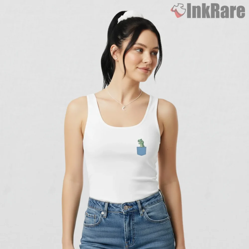 Jurassic Park Cute T Rex Pocket Peek Cartoon Shirt on white tank top for women graphic tee