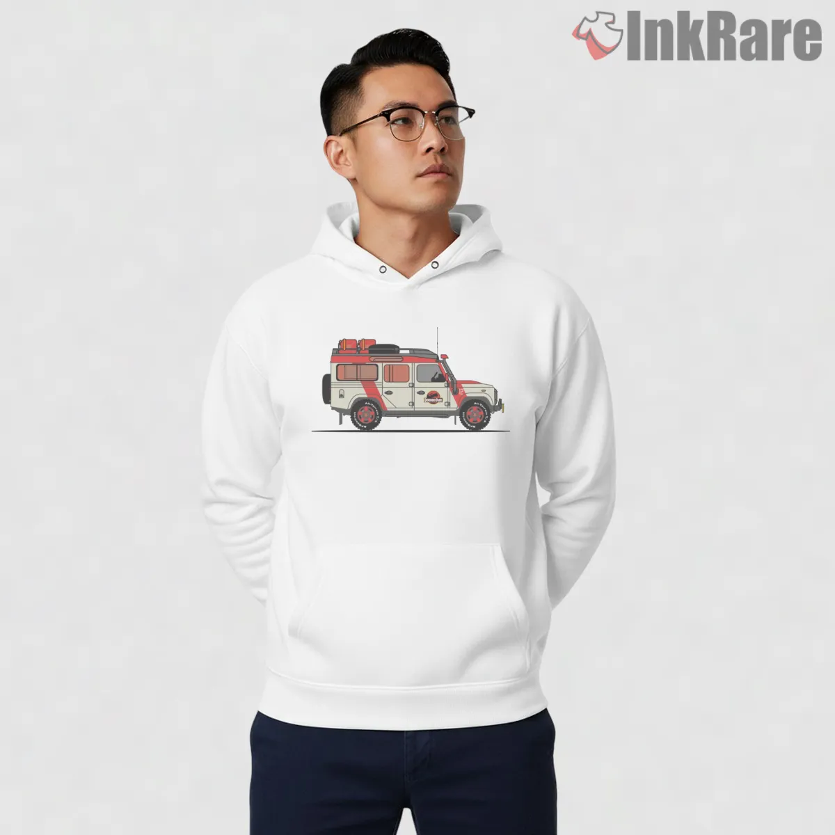 Jurassic Park Explorer Jeep Minimal Side Profile Shirt on white hoodie for men graphic tee