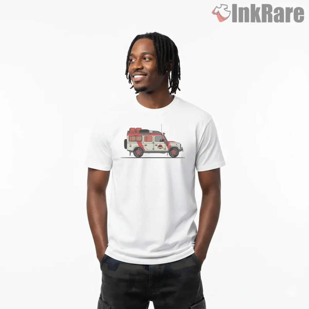 Jurassic Park Explorer Jeep Minimal Side Profile Shirt on white short sleeve shirt for men graphic tee