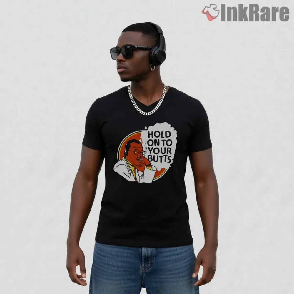 Jurassic Park Hold On To Your Butts Cartoon Quote Shirt on black v-neck shirt for men graphic tee