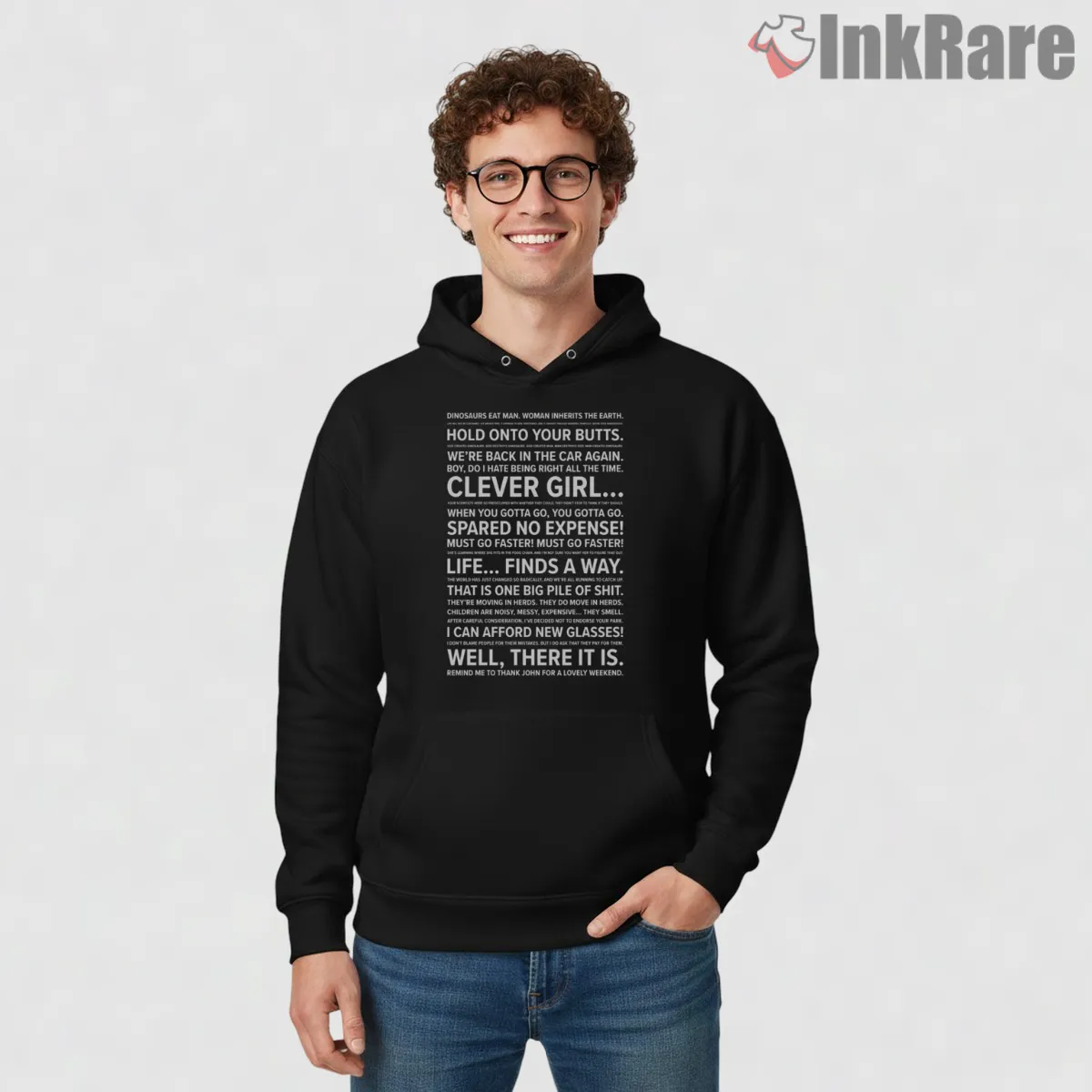 Jurassic Park Iconic Quotes Typography Compilation Shirt on black hoodie for men graphic tee