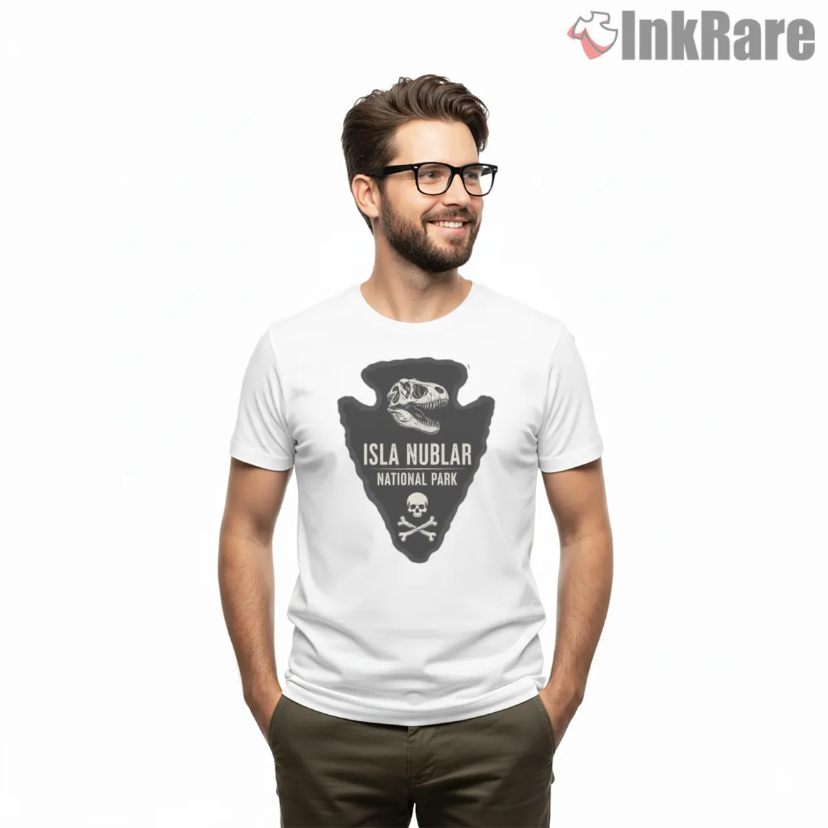 Jurassic Park Isla Nublar Fossil Arrowhead Emblem Short Sleeve White Jurassic Park Isla Nublar Fossil Arrowhead Emblem Shirt on white short sleeve shirt for men graphic tee