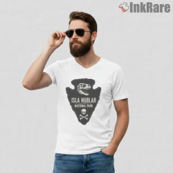 Jurassic Park Isla Nublar Fossil Arrowhead Emblem Shirt on white v-neck shirt for men graphic tee