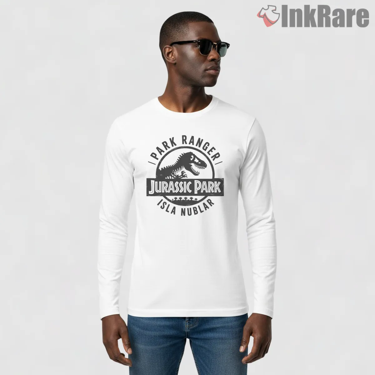 Jurassic Park Isla Nublar Park Ranger Badge Long Sleeve White Jurassic Park Isla Nublar Park Ranger Badge Shirt on white long sleeve shirt for men graphic tee