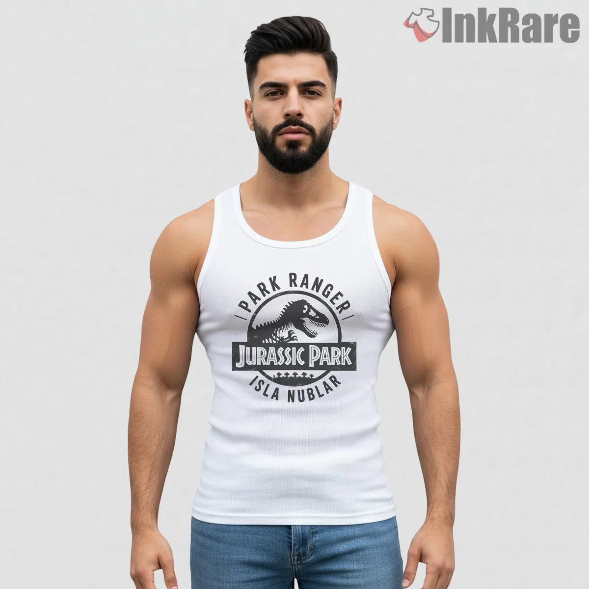 Jurassic Park Isla Nublar Park Ranger Badge Tank Top White Jurassic Park Isla Nublar Park Ranger Badge Shirt on white tank top for men graphic tee