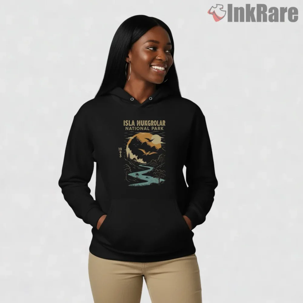 Jurassic Park Isla Nublar Scenic Landscape Vintage Travel Shirt on black hoodie for women graphic tee