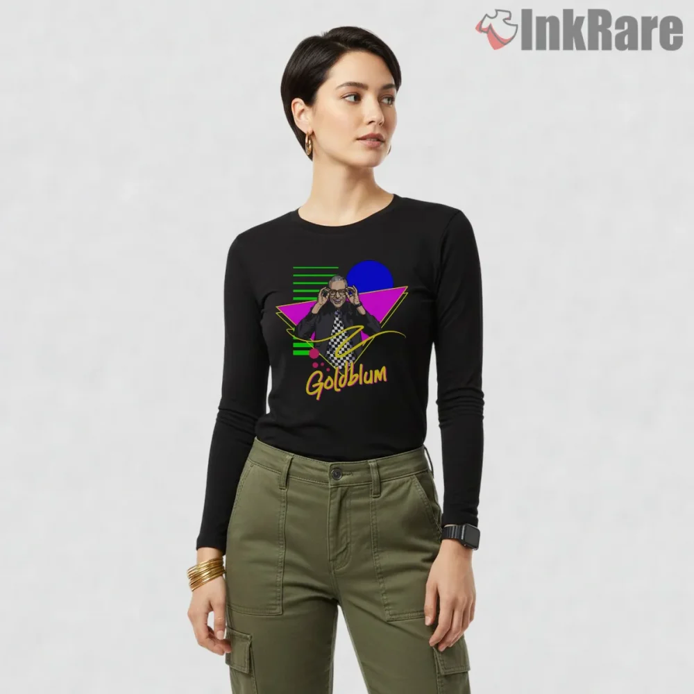Jurassic Park Jeff Goldblum Neon 80s Retro Portrait Shirt on black long sleeve shirt for women graphic tee