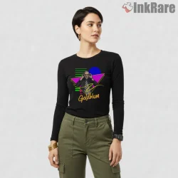 Jurassic Park Jeff Goldblum Neon 80s Retro Portrait Shirt on black long sleeve shirt for women graphic tee