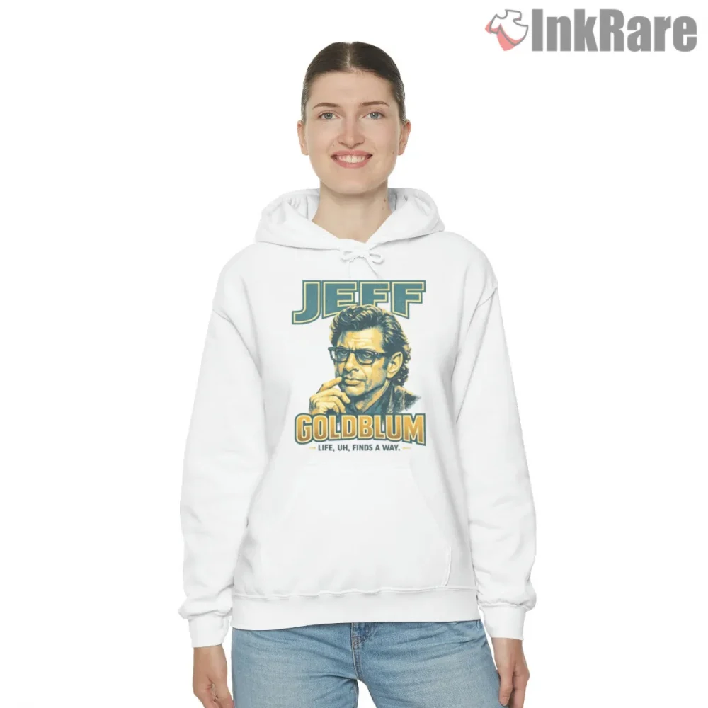 Jurassic Park Jeff Goldblum Vintage Portrait Life Finds A Way Shirt on white hoodie for women graphic tee