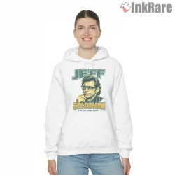 Jurassic Park Jeff Goldblum Vintage Portrait Life Finds A Way Shirt on white hoodie for women graphic tee