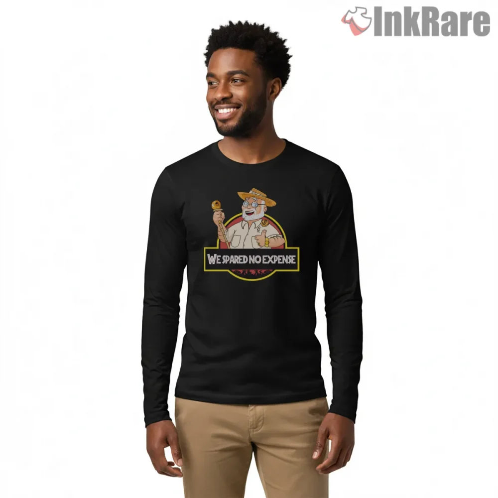 Jurassic Park John Hammond Cartoon We Spared No Expense Shirt on black long sleeve shirt for men graphic tee