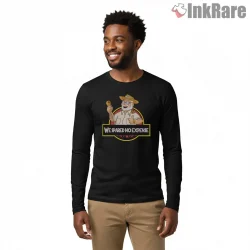 Jurassic Park John Hammond Cartoon We Spared No Expense Shirt on black long sleeve shirt for men graphic tee