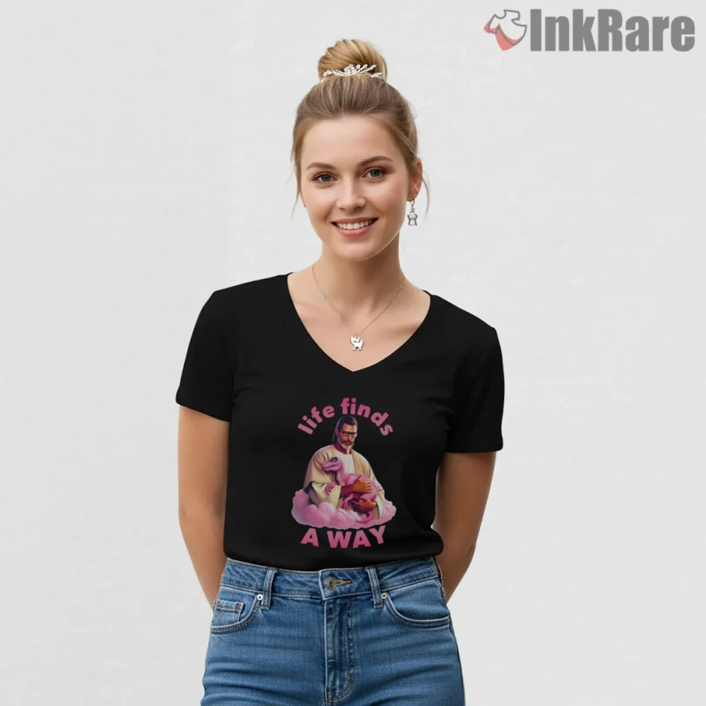 Jurassic Park Life Finds A Way Pink Raptor Meme Shirt on black v-neck shirt for women graphic tee
