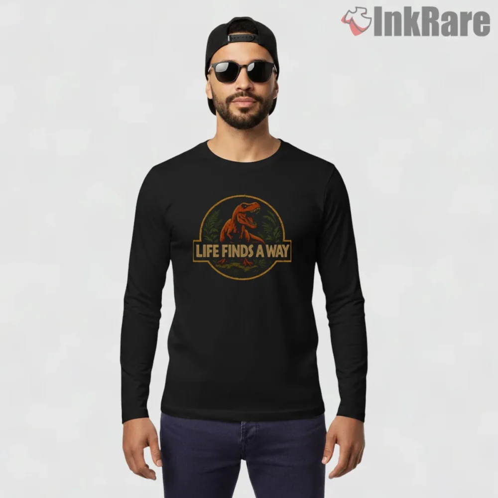 Jurassic Park Life Finds A Way T Rex Emblem Shirt on black long sleeve shirt for men graphic tee
