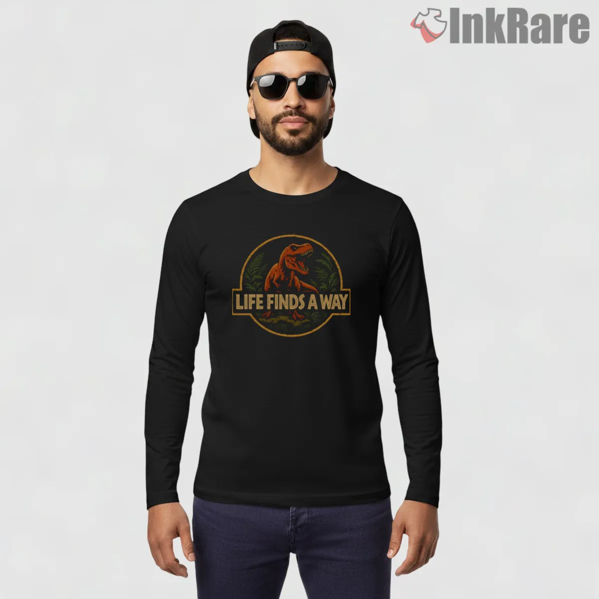 Jurassic Park Life Finds A Way T Rex Emblem Long Sleeve Black Jurassic Park Life Finds A Way T Rex Emblem Shirt on black long sleeve shirt for men graphic tee