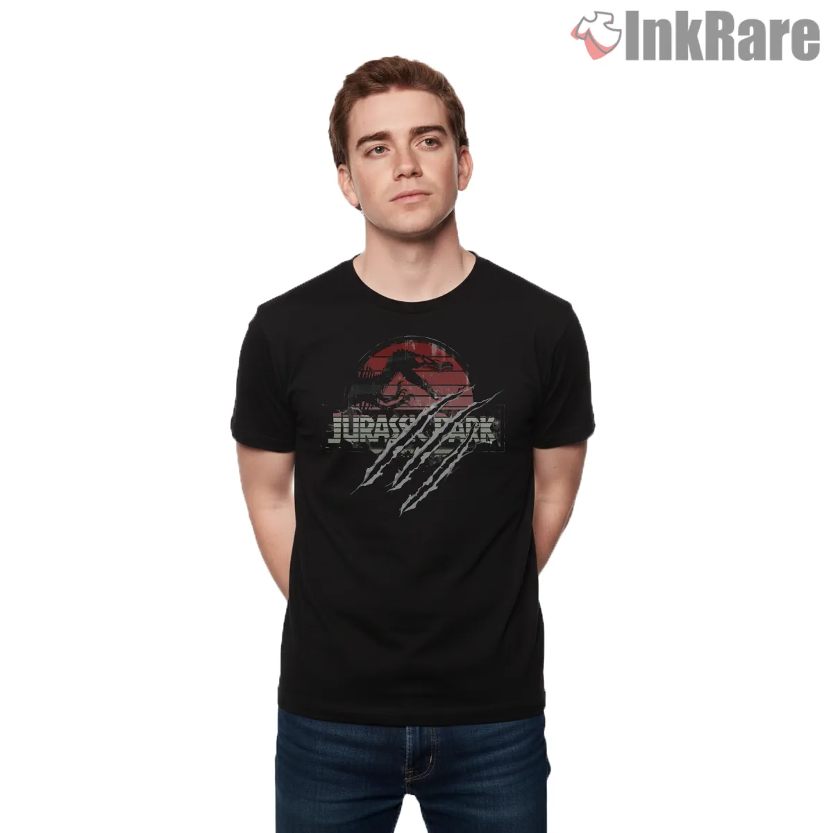 Jurassic Park Lost World Claw Slash Grunge Logo Shirt on black short sleeve shirt for men graphic tee