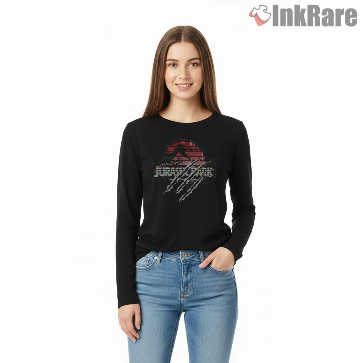 Jurassic Park Lost World Claw Slash Grunge Logo Long Sleeve Black Jurassic Park Lost World Claw Slash Grunge Logo Shirt on black long sleeve shirt for women graphic tee