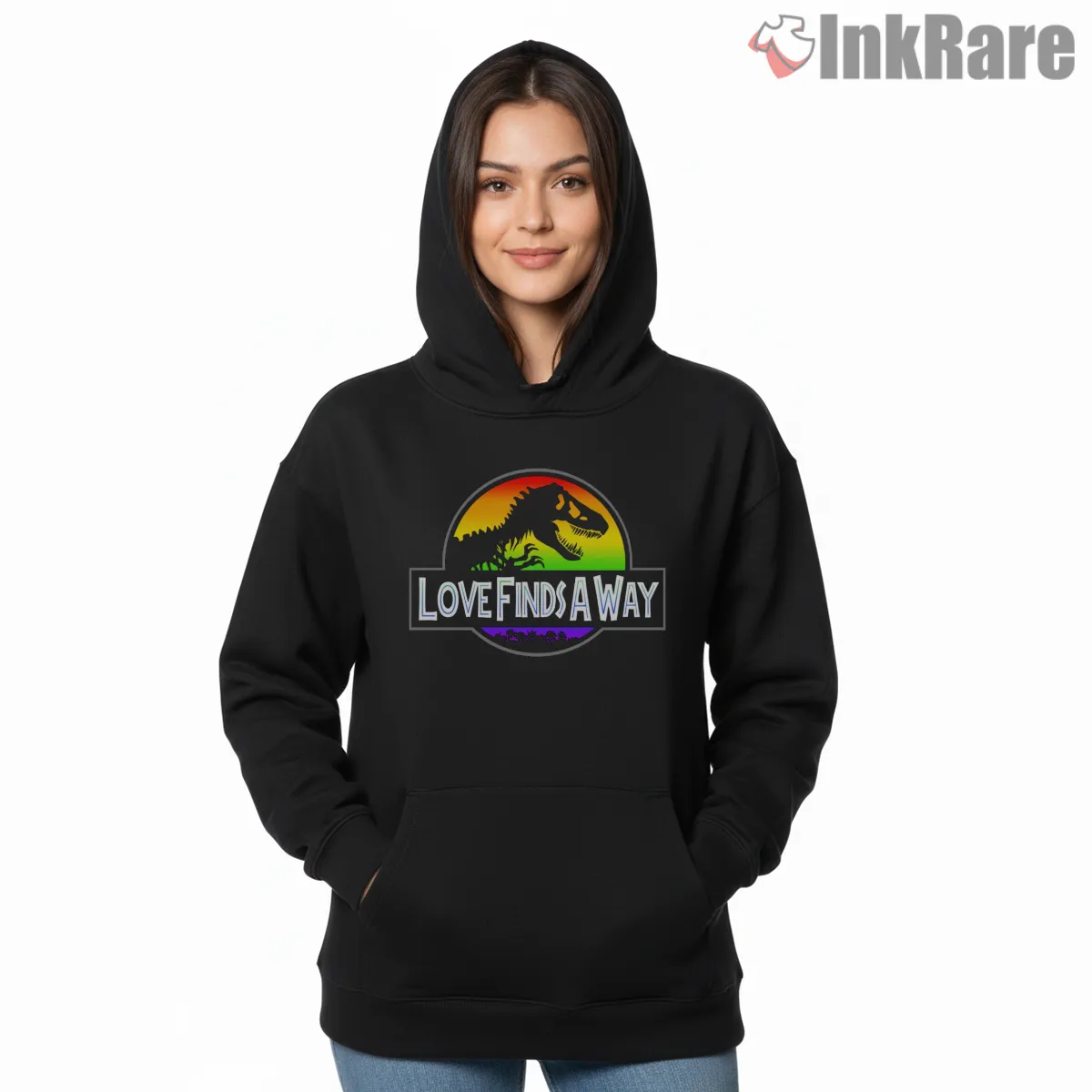 Jurassic Park Love Finds A Way Rainbow Logo Hoodie Black Jurassic Park Love Finds A Way Rainbow Logo Shirt on black hoodie for women graphic tee