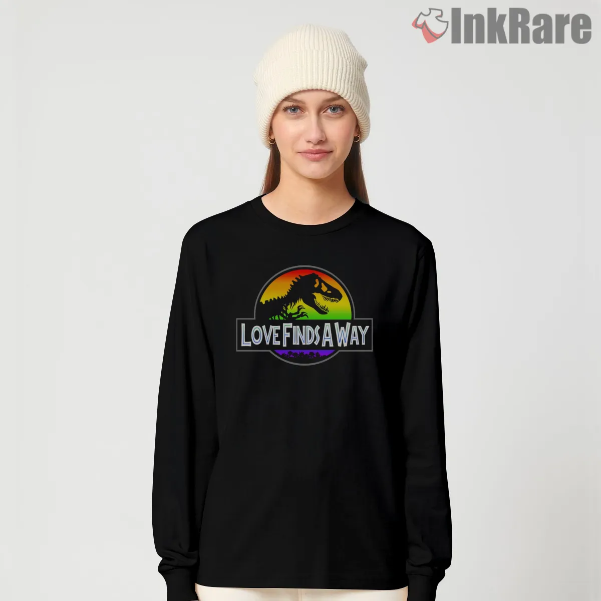 Jurassic Park Love Finds A Way Rainbow Logo Long Sleeve Black Jurassic Park Love Finds A Way Rainbow Logo Shirt on black long sleeve shirt for women graphic tee