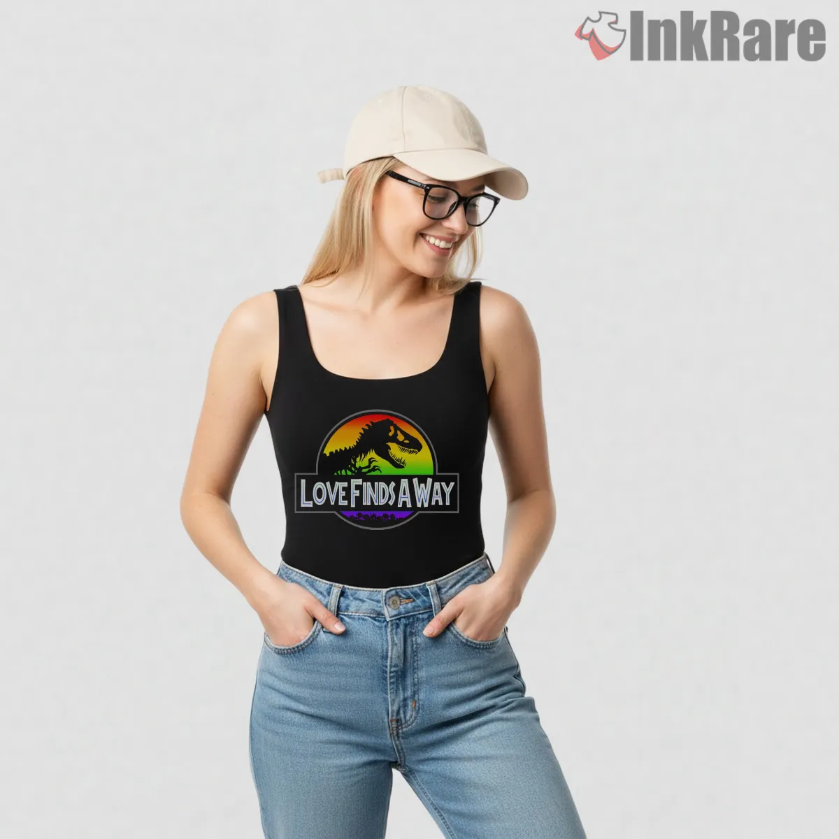 Jurassic Park Love Finds A Way Rainbow Logo Tank Top Black Jurassic Park Love Finds A Way Rainbow Logo Shirt on black tank top for women graphic tee