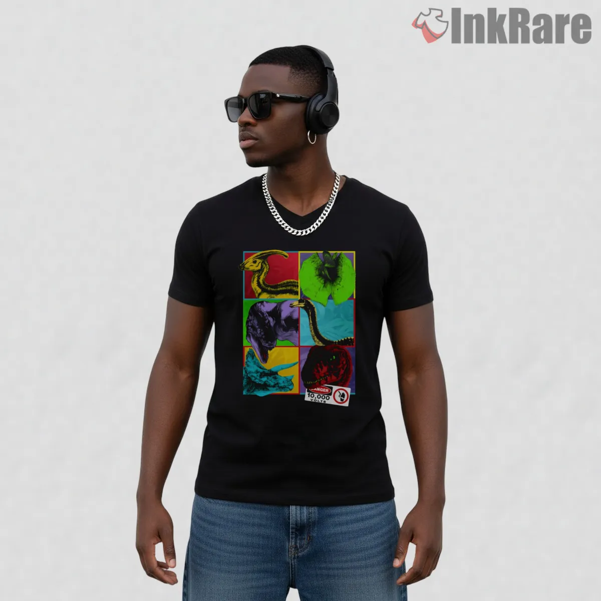 Jurassic Park Pop Art Dinosaur Collage Color Block Shirt on black v-neck shirt for men graphic tee