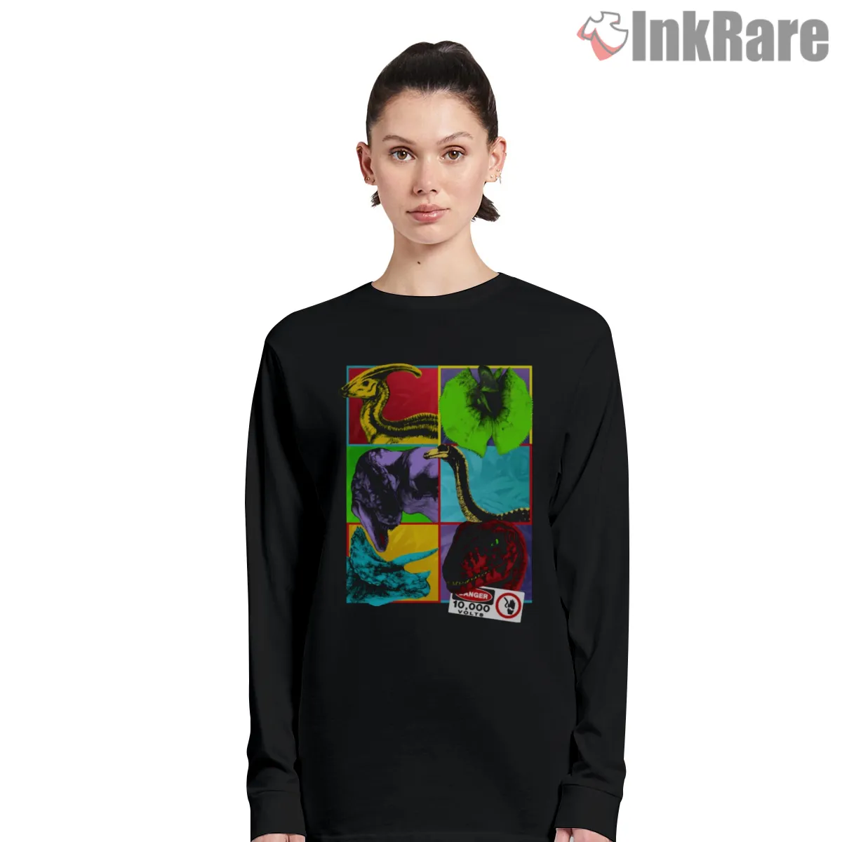 Jurassic Park Pop Art Dinosaur Collage Color Block Long Sleeve Black Jurassic Park Pop Art Dinosaur Collage Color Block Shirt on black long sleeve shirt for women graphic tee