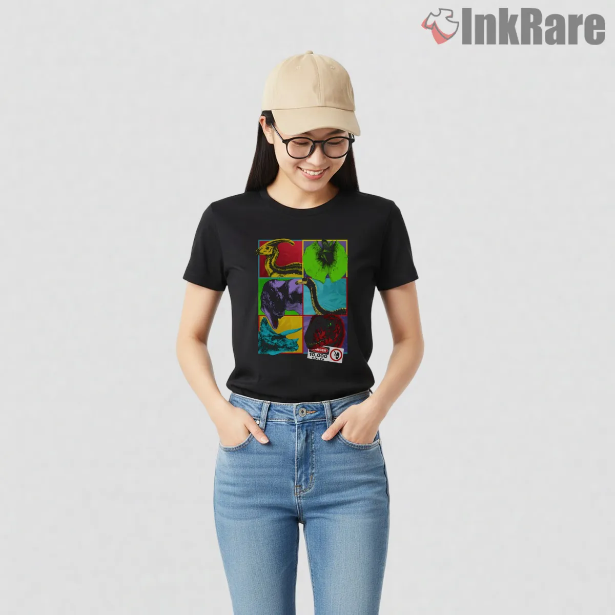 Jurassic Park Pop Art Dinosaur Collage Color Block Short Sleeve Black Jurassic Park Pop Art Dinosaur Collage Color Block Shirt on black short sleeve shirt for women graphic tee