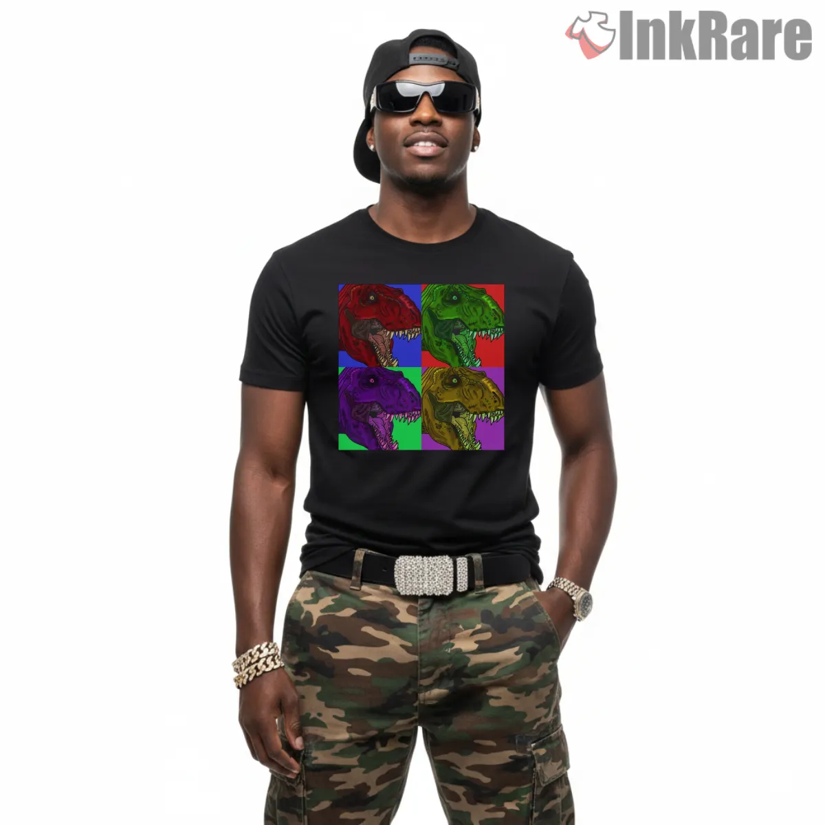 Jurassic Park Pop Art T Rex Color Block Shirt on black short sleeve shirt for men graphic tee