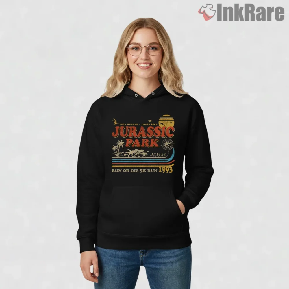 Jurassic Park Run Or Die 1993 Vintage Marathon Shirt on black hoodie for women graphic tee