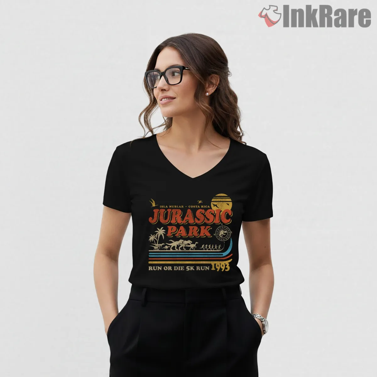 Jurassic Park Run Or Die 1993 Vintage Marathon V Neck Black Jurassic Park Run Or Die 1993 Vintage Marathon Shirt on black v-neck shirt for women graphic tee