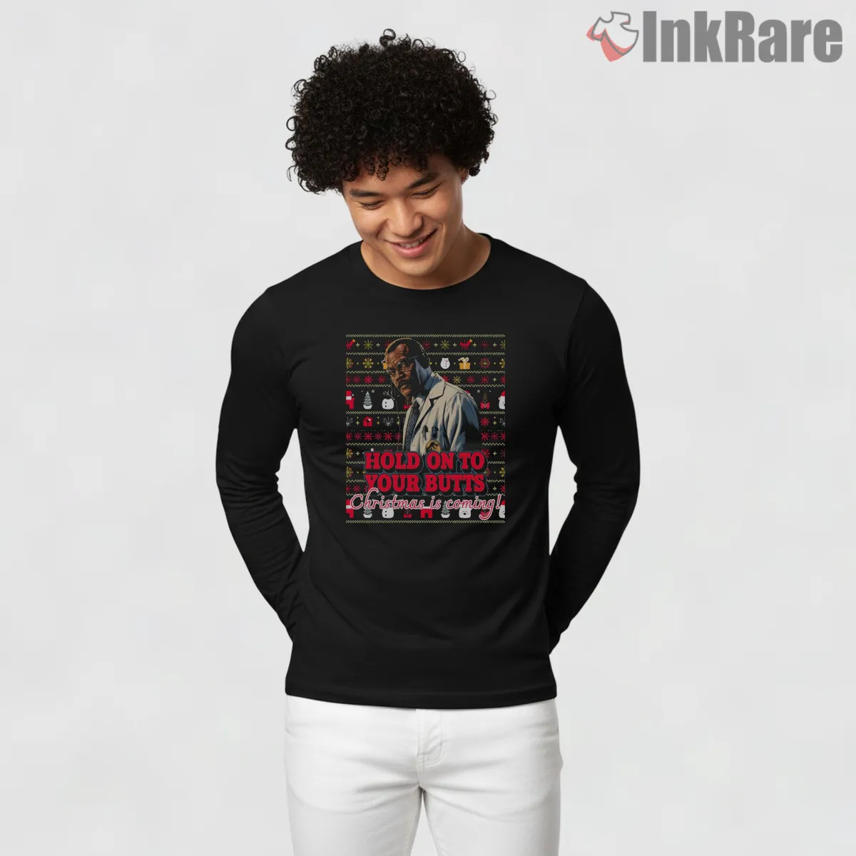 Jurassic Park Samuel Jackson Holiday Sweater Quote Shirt on black long sleeve shirt for men graphic tee