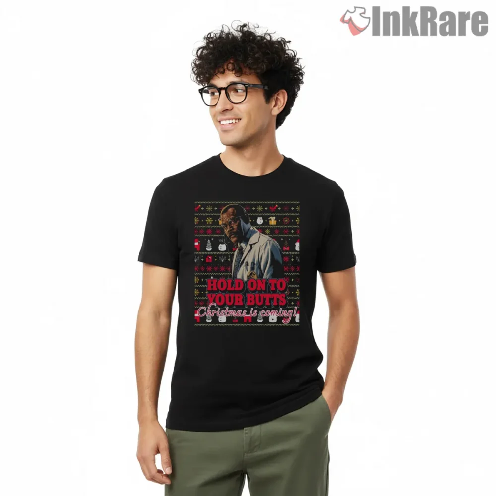 Jurassic Park Samuel Jackson Holiday Sweater Quote Shirt on black short sleeve shirt for men graphic tee